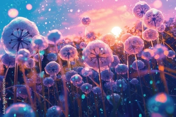 Obraz purple flowers and soap bubbles are shown Generative Ai