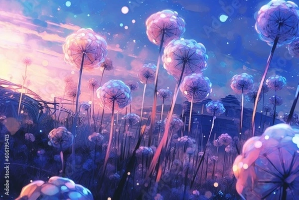 Obraz purple flowers and soap bubbles are shown Generative Ai