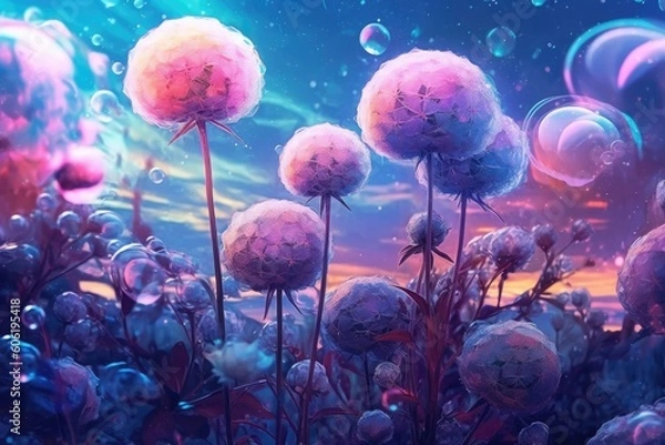 Obraz purple flowers and soap bubbles are shown Generative Ai