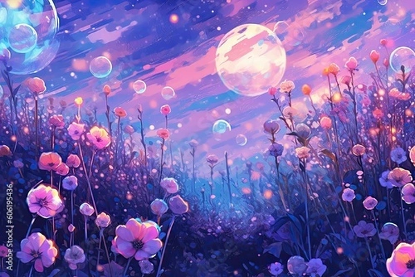 Obraz purple flowers and soap bubbles are shown Generative Ai
