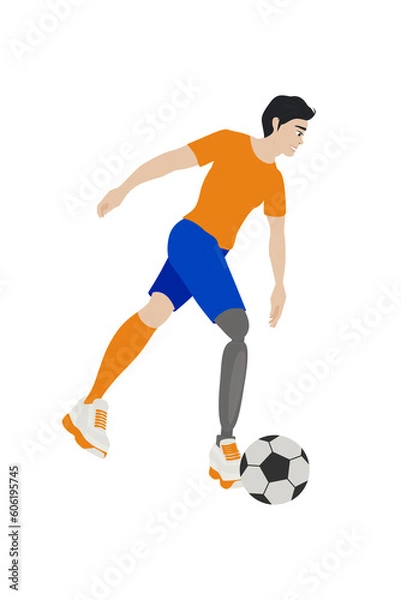 Fototapeta Cartoon Man with Prosthetic Leg Football Ball. Player with Prosthesis, Match. Disabled Handicapped Sport Training. Disabled Soccer player illustration. Football player kick and dribble.