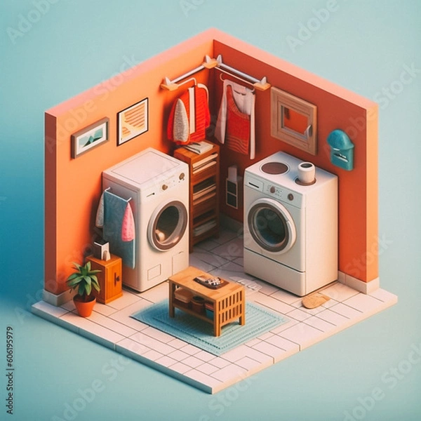 Obraz 3D cute isometric laundry room - created with Generative AI technology