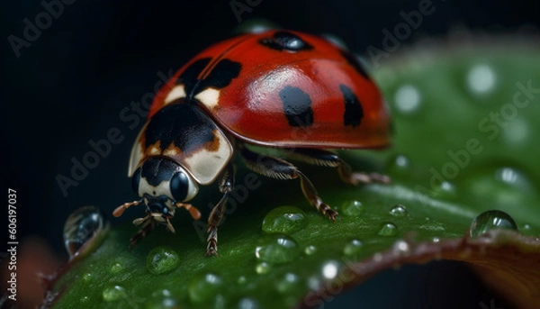 Fototapeta Spotted ladybug on green leaf with dew generated by AI