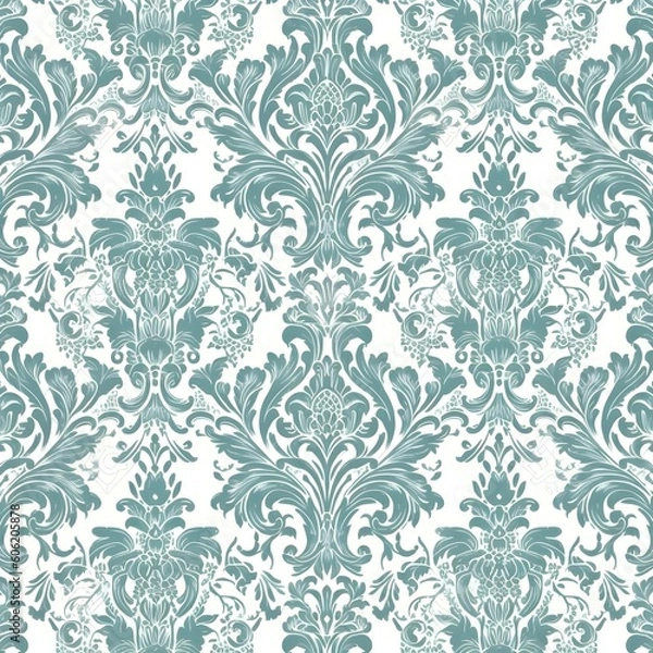 Fototapeta seamless damask pattern teal on white background