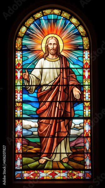 Fototapeta a beautiful stained glass window of Jesus Christ. Vibrant colors. Modern design. AI generated image.