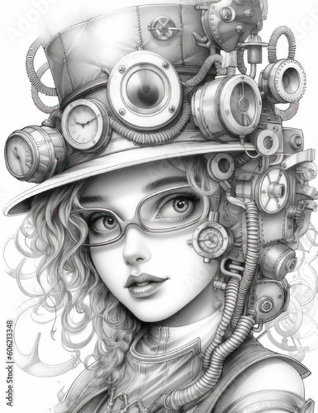 Fototapeta Enchanting Steampunk Charmer: A Grayscale Coloring Page of a Darling Delicate Smiling Cutie with Big Eyes, Generative AI