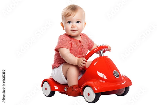 Fototapeta Baby on a toy car isolated on transparent or white background. Generative AI