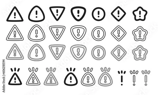 Fototapeta 警告、アラート、エラーを意味する感嘆符のイラストセット/エクスクラメーションマーク/ビックリマーク/ベクター/アイコン/要素/モノクロ