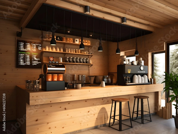 Obraz Generative Ai: Simple Coffee shop, wooden style