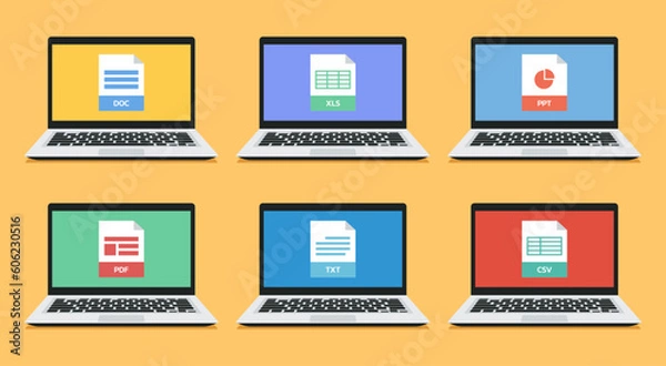 Fototapeta set of office document such as DOC, XLS, PPT, PDF, TXT, and CSV file format icon on laptop screen, vector flat illustration
