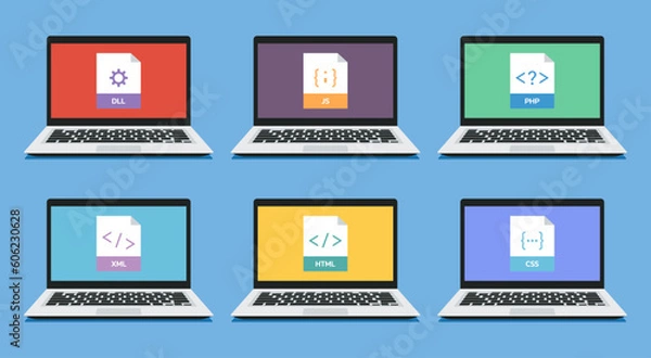 Obraz set of document file format icon on laptop screen for programmer or developer, vector flat illustration