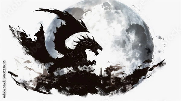 Fototapeta Generative AI, Enchanting Watercolor Drawing of a Silhouetted Dragon