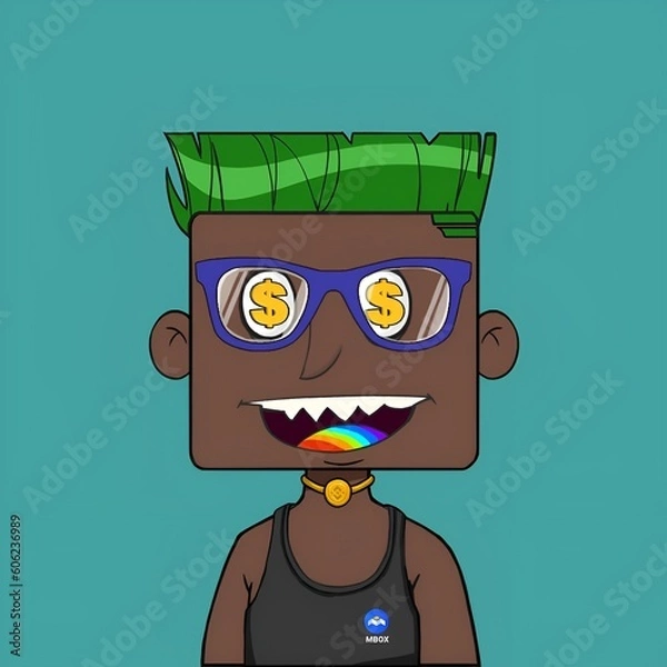 Obraz Colorful Expression: Vibrant NFT Artwork with Green Hair, Purple Glasses, and Rainbow Tongue for Sale on Adobe Stock
