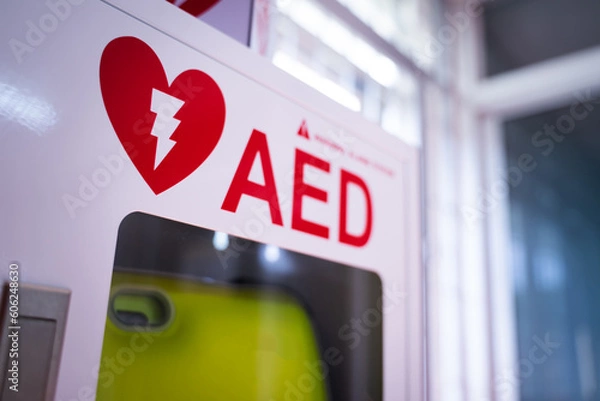 Fototapeta An automated external defibrillator (AED) in a white box is an emergency defibrillator for people in cardiac arrest