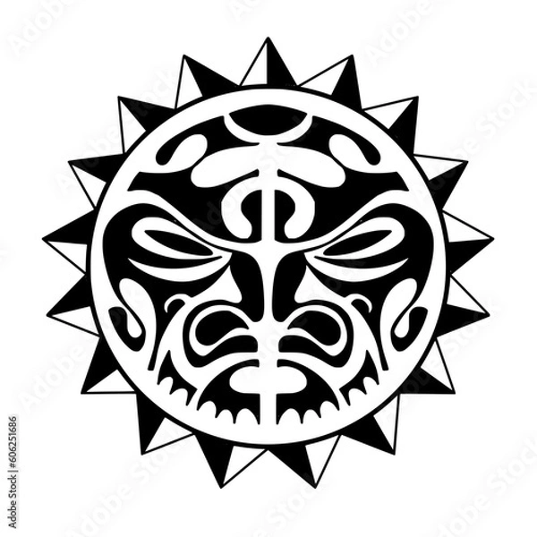 Obraz Polynesian sun face maori tattoo style.  Pattern aboriginal samoan. Black and white texture, isolated vector.