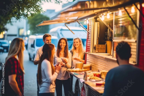 Fototapeta Candid shot of a diverse group of friends laughing and socializing outside a food truck during a summer outing, capturing a moment of joyful camaraderie, generative AI