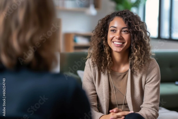 Fototapeta Female counselor demonstrating empathy during a breakthrough session with a client, highlighting the importance of mental health support and therapeutic communication, generative ai