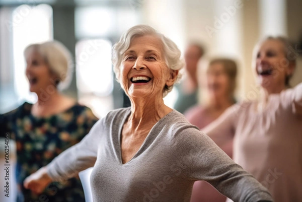 Fototapeta Candid capture of a joyful group of seniors showing vitality while dancing, highlights companionship and active lifestyle in retirement, reflecting the spirit of elderly, generative ai