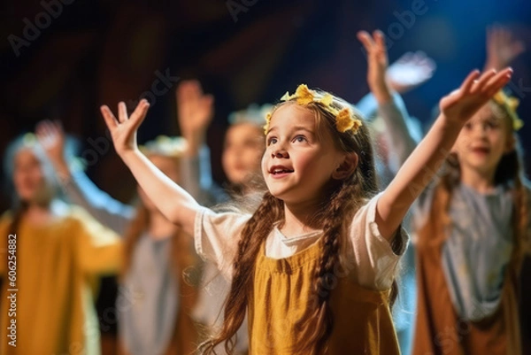 Fototapeta Candid shot of children performing in a community theater production, showcasing their talent and creativity. The image reflects the innocence of young performers, generative ai