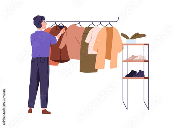 Fototapeta Customer shopping, choosing clothes. Person in showroom, searching apparel on hanger rail. Man shopper looking for garment in fashion store. Flat vector illustration isolated on white background