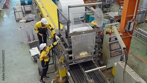 Obraz Two industrial factory workers working in plant and inspect the machines for metal manufacturing in factory. Manufacturing industry equipment
