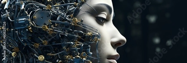 Obraz Close-up of robot, Space for text. Generative AI