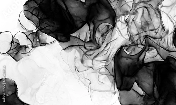 Fototapeta black alcohol ink surface Flowing, isolated, abstract background The art on the wall is stained, the edges are black.