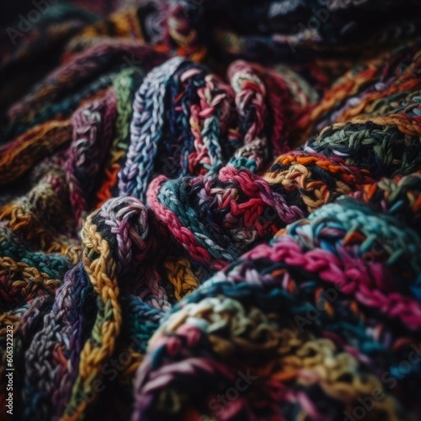 Obraz handmade, knitted blanket with intricate patterns and multicolored threads