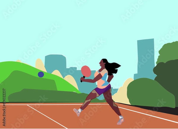 Fototapeta Pickleball Sport on Court with Black Player | Outdorr in City with Green Trees Park