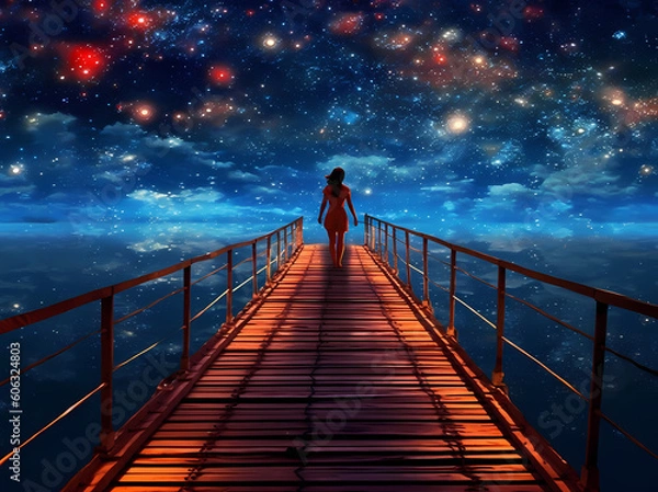 Fototapeta Woman who is walking on the bridge looking at starry sky-Generative AI