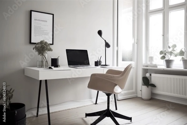 Fototapeta minimalist home office, with sleek desk and chair, and sans distractions, created with generative ai
