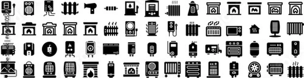 Obraz Set Of Heater Icons Isolated Silhouette Solid Icon With Energy, House, Home, Heater, Heat, Temperature, Hot Infographic Simple Vector Illustration Logo