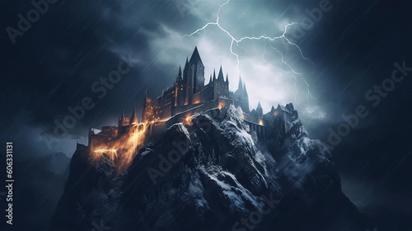 Fototapeta castle with high towers standing on a mountain, gloomy atmosphere. Generative AI