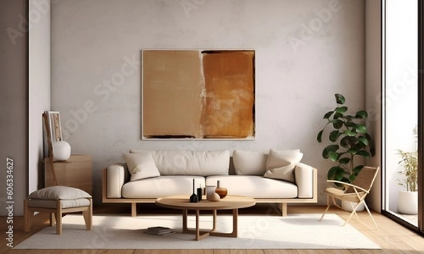 Fototapeta Blank horizontal poster frame imitating living room interior, modern living room interior background
