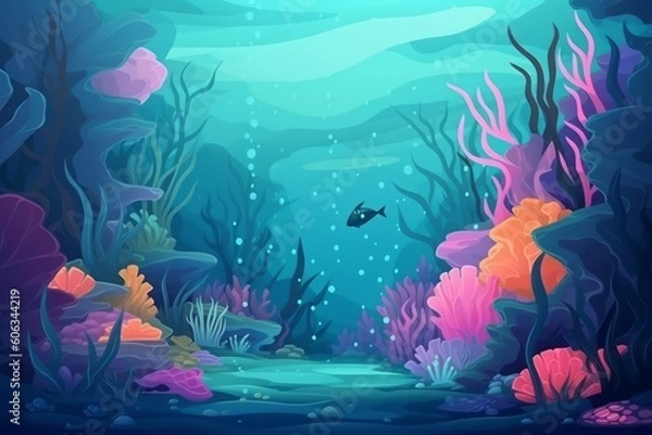 Fototapeta Illustration of underwater scene with reef and fishes. Generative AI