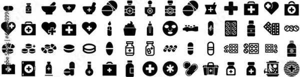 Fototapeta Set Of Medicine Icons Isolated Silhouette Solid Icon With Prescription, Medicine, Pharmacy, Drug, Medical, Treatment, Health Infographic Simple Vector Illustration Logo