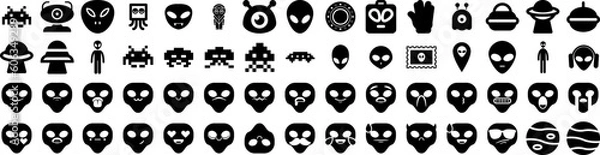 Fototapeta Set Of Alien Icons Isolated Silhouette Solid Icon With Space, Illustration, Ufo, Character, Alien, Fiction, Futuristic Infographic Simple Vector Illustration Logo