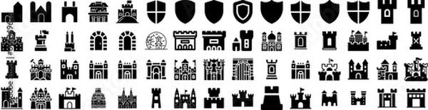 Fototapeta Set Of Castle Icons Isolated Silhouette Solid Icon With Medieval, Castle, Fantasy, Palace, Old, Building, Architecture Infographic Simple Vector Illustration Logo