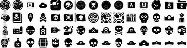 Fototapeta Set Of Pirate Icons Isolated Silhouette Solid Icon With Pirate, Adventure, Sea, Vector, Ship, Illustration, Flag Infographic Simple Vector Illustration Logo