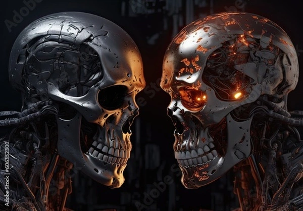 Fototapeta Two skulls terminator look at each other black background. Generative Ai.