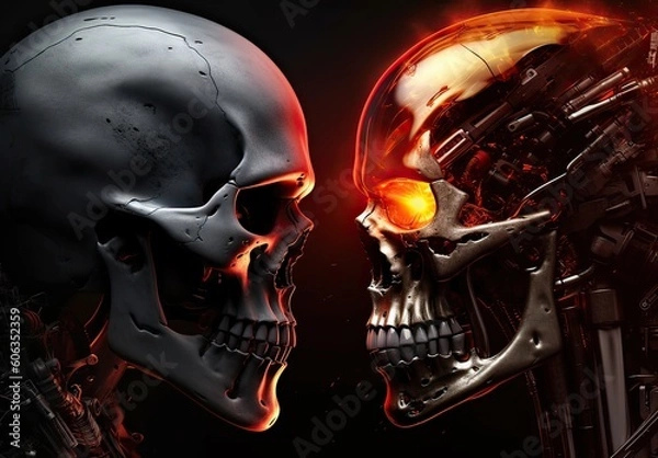 Fototapeta Two skulls terminator look at each other black background. Generative Ai.