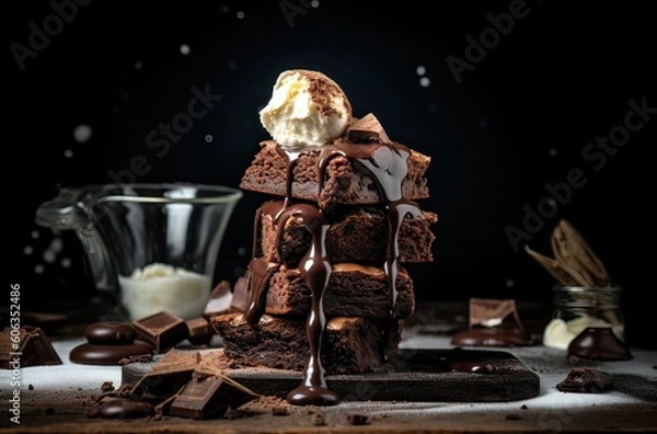 Fototapeta dark brownies with vanilla ice cream on white plate. Chocolate brownies stacks and vanilla ice cream on top, wooden background. Generative Ai.