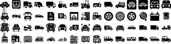 Fototapeta Set Of Vehicle Icons Isolated Silhouette Solid Icon With Auto, Vehicle, Battery, Technology, Power, Transport, Car Infographic Simple Vector Illustration Logo