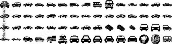 Fototapeta Set Of Automobile Icons Isolated Silhouette Solid Icon With Automobile, Technology, Electric, Vehicle, Automotive, Auto, Car Infographic Simple Vector Illustration Logo