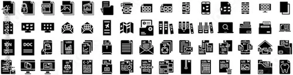 Fototapeta Set Of Files Icons Isolated Silhouette Solid Icon With Document, Management, Business, Office, File, Information, Computer Infographic Simple Vector Illustration Logo