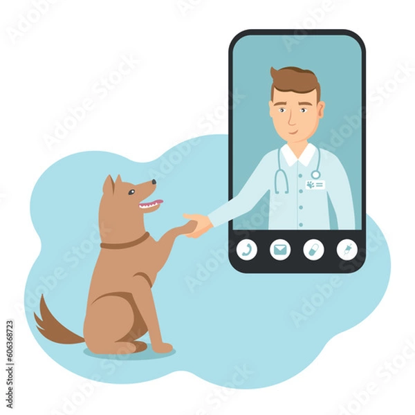 Obraz Vector illustration with a veterinary doctor and a happy dog giving a paw. Smartphone with an online doctor who helps to a domestic animal. Online medical consultation