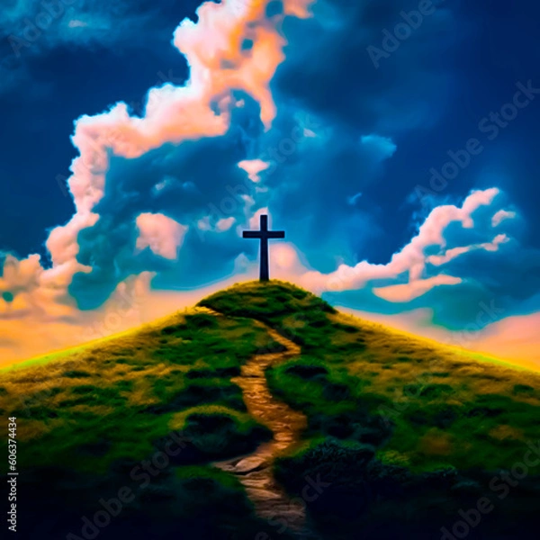 Fototapeta Cross standing on the top of the hill Ai generated / AI 