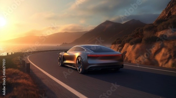 Fototapeta A digitally rendered 3D animation portraying a cutting-edge solar-powered vehicle cruising along a scenic coastal road, ai generated
