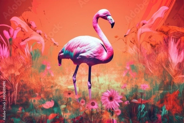 Fototapeta retro and vintage psychedelic poster of flamingo in a flowery field, created with generative ai