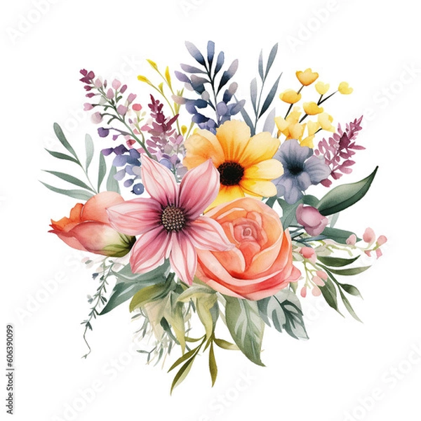 Fototapeta Watercolors summer flowers isolated on a transparent background. Floral arrangement, bouquet . Can be used for invitations, greeting, wedding card, ai generated
